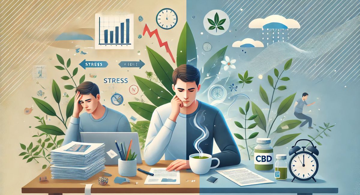 Personne stressée retrouvant le calme grâce au CBD, illustration d’un article sur le stress et le cannabidiol.