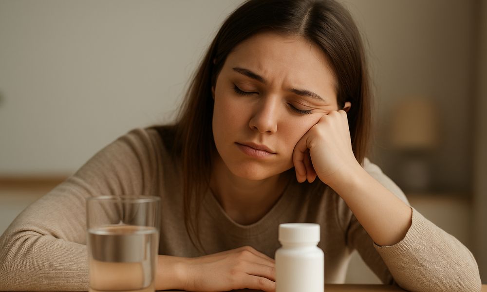 Femme fatiguée posant sa tête sur sa main, assise à une table avec un verre d’eau et un flacon de médicaments, illustrant les effets secondaires possibles du CBD comme la somnolence ou la sécheresse buccale.