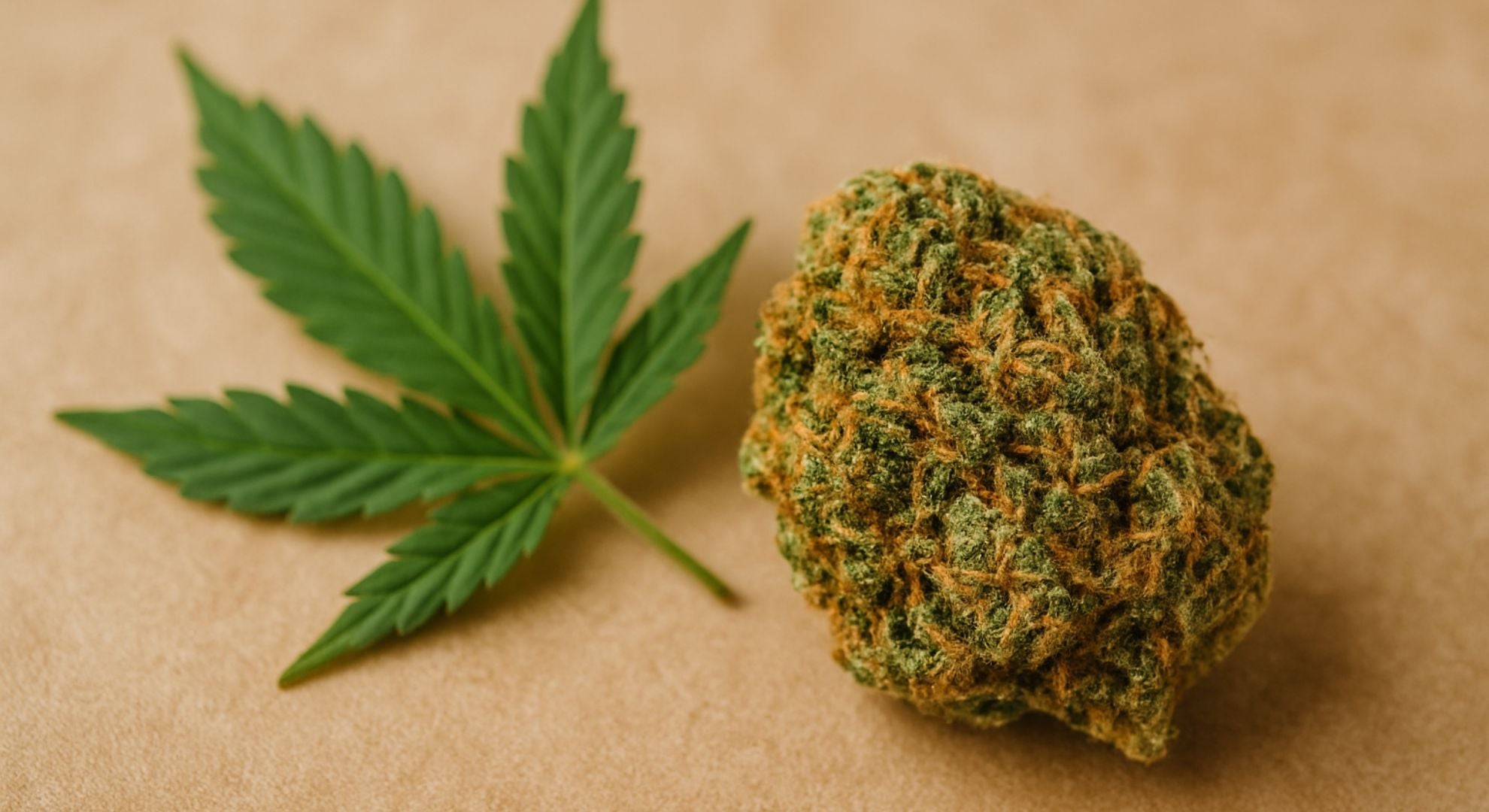 Fleur de cannabis dense et résineuse avec feuille de chanvre sur fond beige doux, mise en scène lumineuse et professionnelle