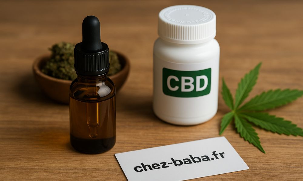Produits CBD de qualité avec feuille de chanvre, flacon d’huile et carte chez-baba.fr sur fond en bois naturel chez-baba.fr