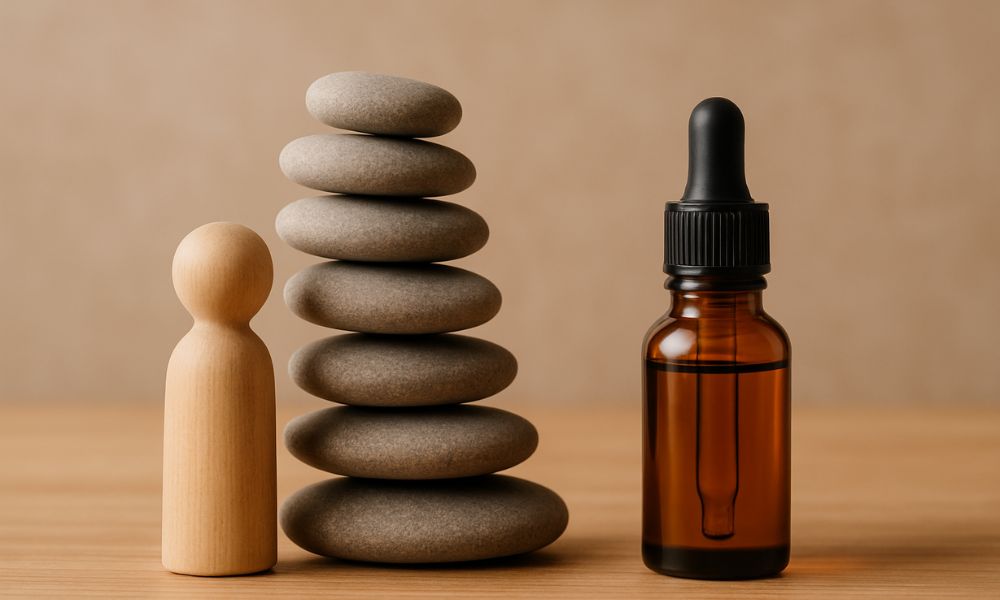 Image apaisante d’un flacon de CBD ambré posé sur une table en bois, accompagné de galets empilés et d’une figurine en bois minimaliste – bienfaits du CBD contre le stress et l’anxiété, équilibre naturel.
