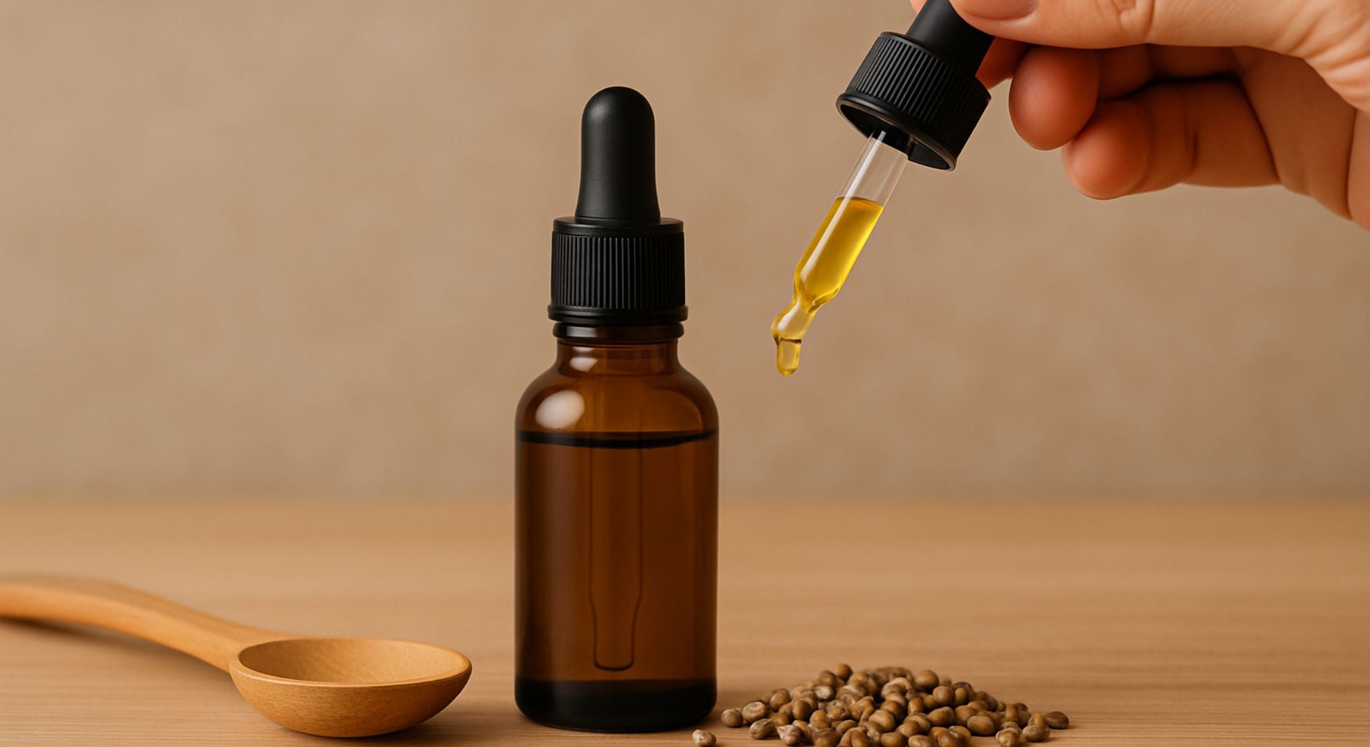 Flacon d’huile de CBD avec pipette dorée en main, posé sur une table en bois à côté de graines de chanvre et d’une cuillère – huile de CBD, choix du bon produit, consommation simple et naturelle.