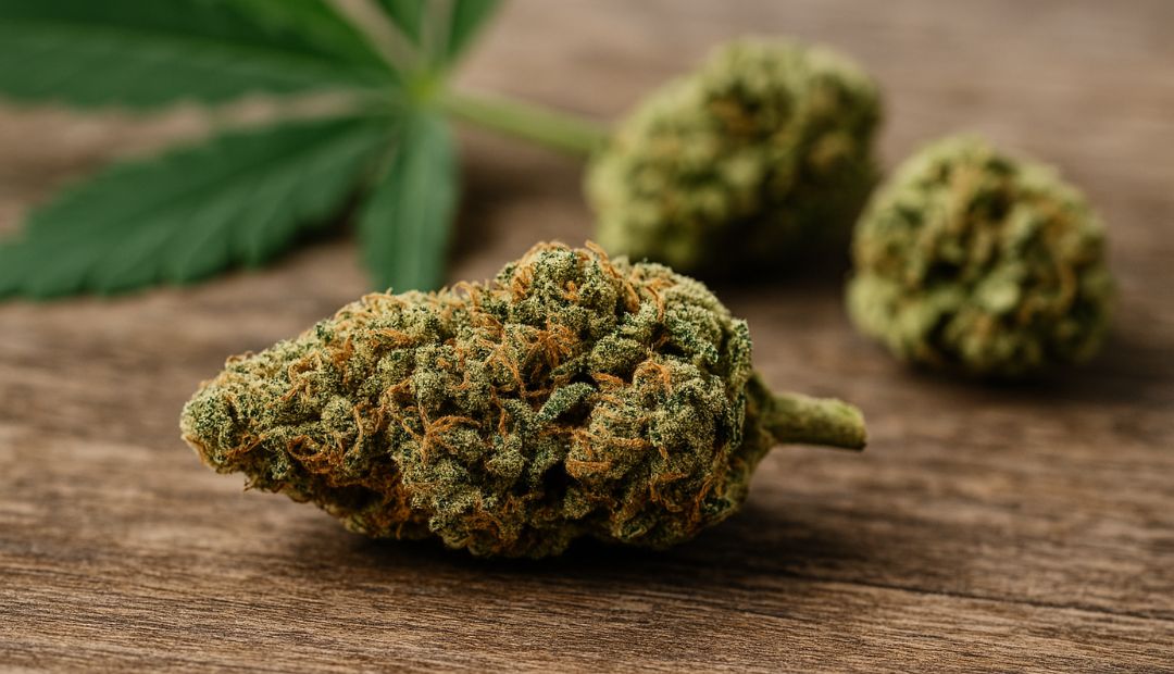 Fleur de CBD Amnesia Haze posée sur une surface en bois avec feuille de chanvre en arrière-plan, éclairage naturel