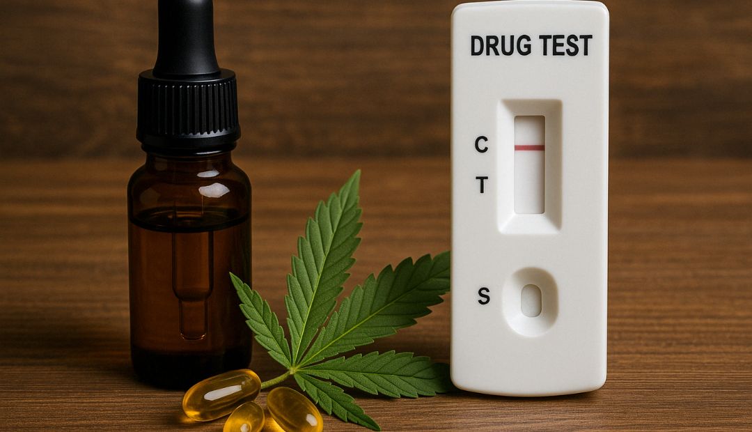 Test de dépistage avec flacon d’huile de CBD, gélules et feuille de chanvre sur fond en bois