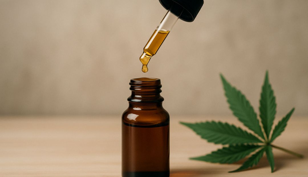 Flacon d’huile de CBD en verre ambré posé à côté d’une feuille de chanvre sur une surface en bois, représentant les propriétés naturelles et l’interaction du CBD avec le système endocannabinoïde. 1/2