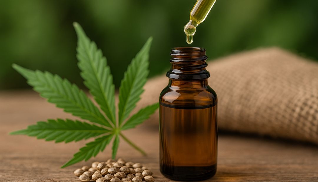 Huile de CBD pressée à froid extraite de graines de chanvre, posée sur un fond naturel en bois avec feuille de cannabis