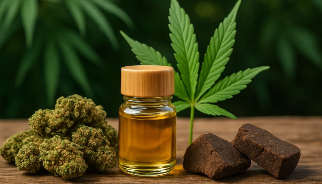 Collection de produits CBD affichée sur une table en bois rustique à l'extérieur, baignée dans la lumière naturelle. Des bourgeons de CBD serrés, un pot d'huile dorée, une feuille de cannabis vibrante et deux morceaux de résine brune profonde, le tout dans un cadre apaisant, avec un arrière-plan flou de plantes de cannabis.