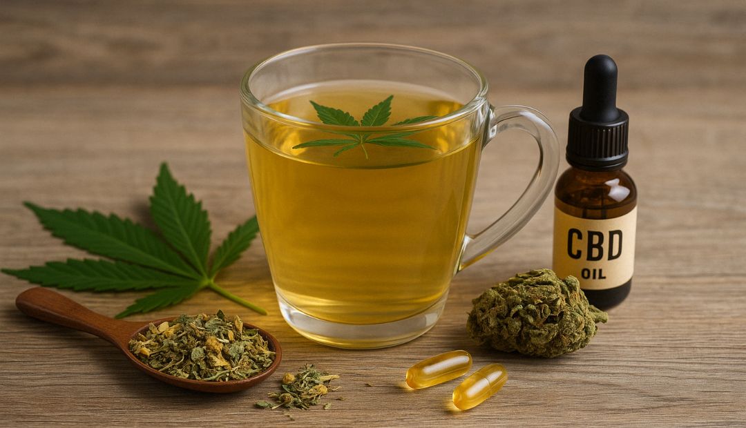 Tasse de tisane au CBD entourée de fleurs séchées de chanvre sur une table en bois – détente naturelle Chez Baba