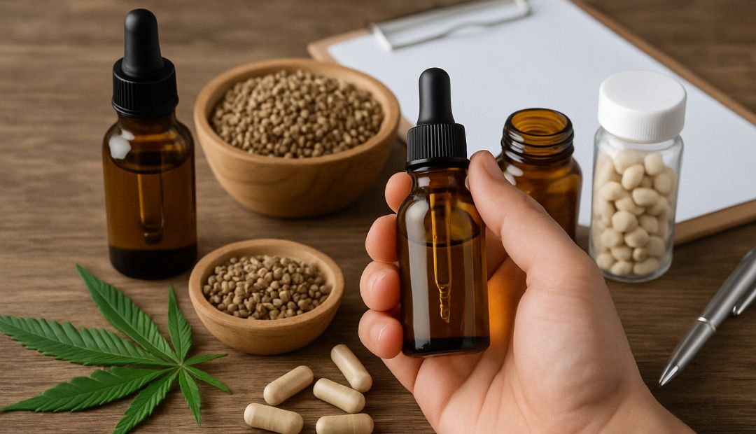 Flacons d’huile de CBD, gélules et graines de chanvre sur une table en bois avec une feuille de cannabis – produits Chez Baba