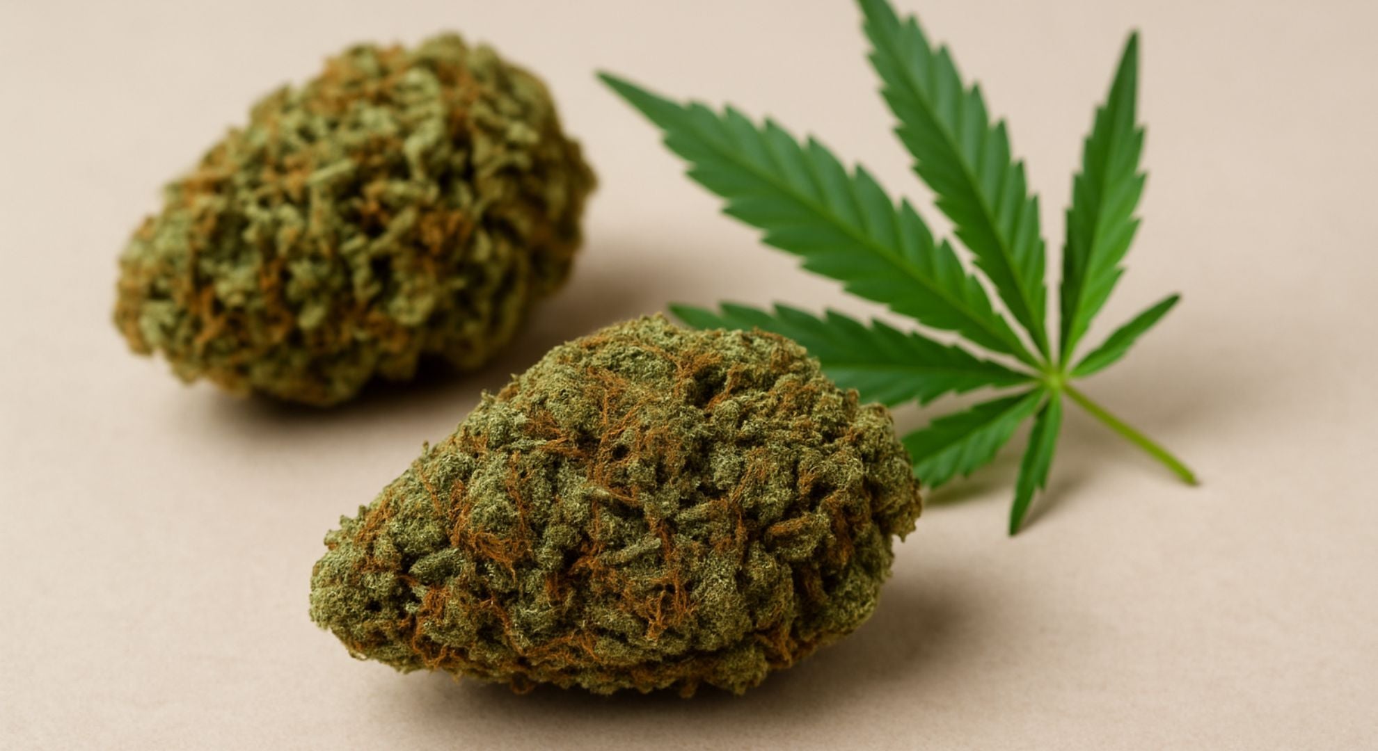 Deux têtes de fleurs de cannabis riches en trichomes avec une feuille de chanvre sur fond beige naturel