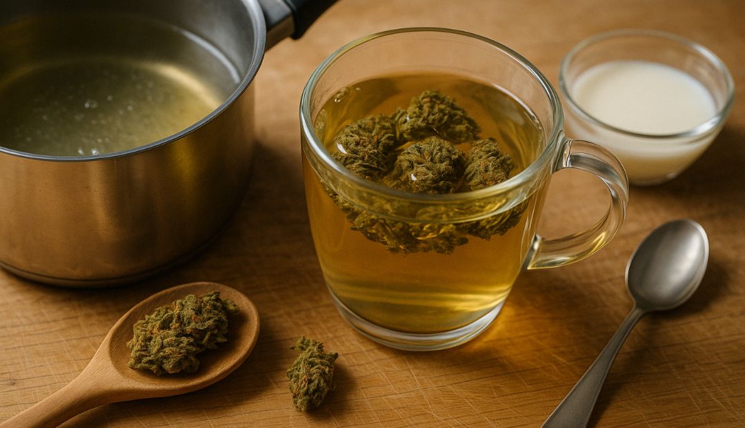 Infusion de fleurs de CBD dans une tasse transparente, avec casserole, lait, et cuillère en bois – méthode douce Chez Baba