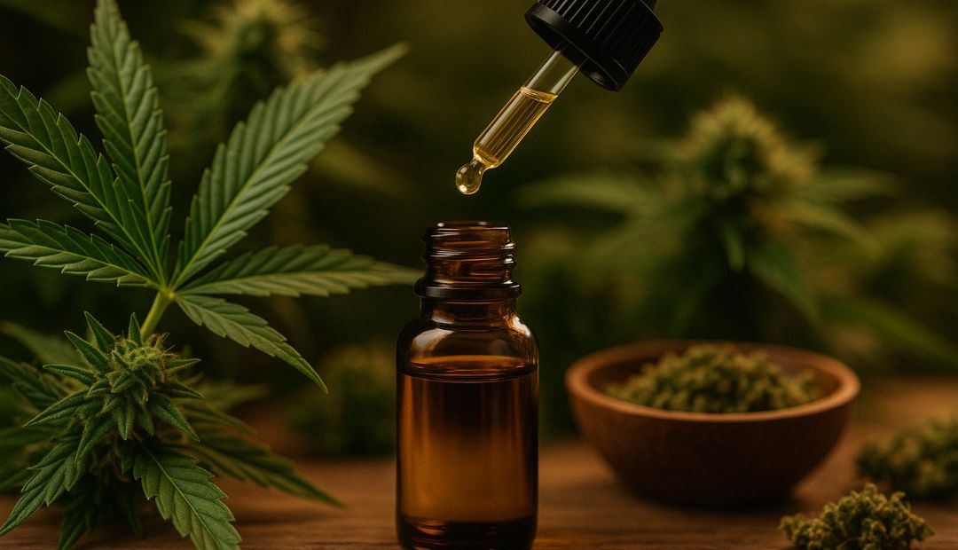 Bouteille d'huile de CBD en verre ambré, entourée de feuilles et de bourgeons de cannabis, avec une lumière douce et une ambiance chaleureuse, mettant en valeur l'extraction naturelle du CBD.