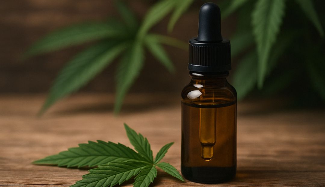 Flacon d’huile de CBD en verre ambré posé à côté d’une feuille de chanvre sur une surface en bois, représentant les propriétés naturelles et l’interaction du CBD avec le système endocannabinoïde. 1/2