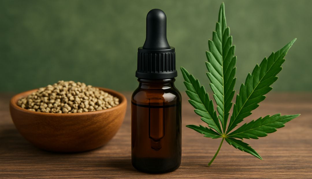 Bouteille d’huile de CBD pressée à froid posée sur une table en bois, accompagnée d’une feuille de chanvre et de graines, dans un décor naturel