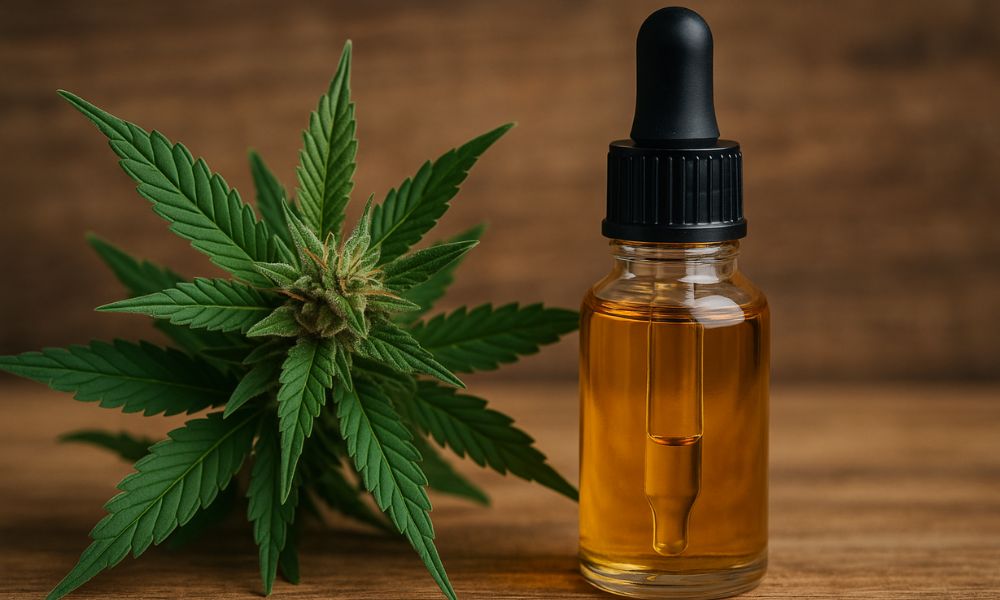 Photographie professionnelle d’une bouteille d’huile de CBD dorée posée à côté d’une plante de chanvre avec des feuilles vertes bien définies sur fond en bois naturel – CBD légal, cannabidiol, plante de cannabis sans THC.