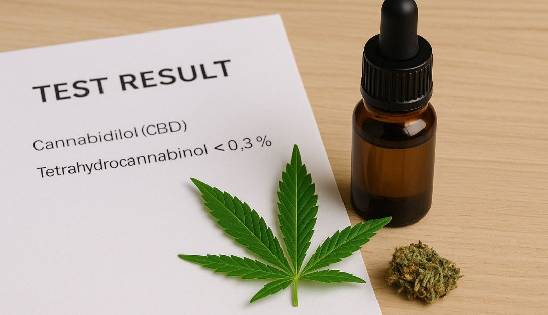 Bouteille d’huile de CBD, feuille de cannabis et résultat de test prouvant un taux de THC inférieur à 0,3%