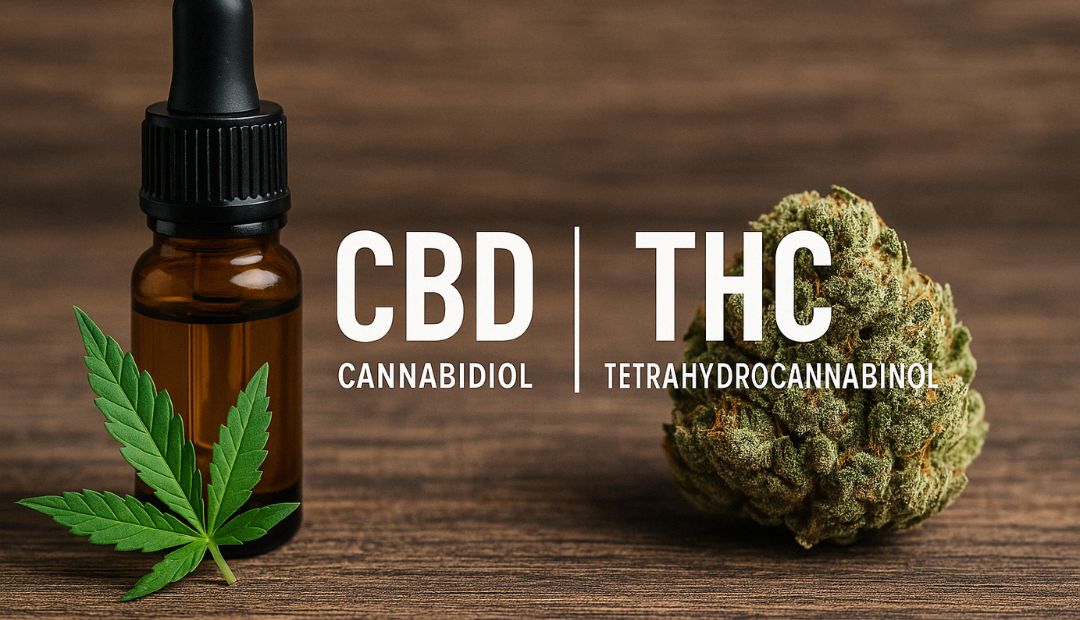 Comparaison visuelle entre CBD et THC avec huile de CBD, tête de cannabis et feuille de chanvre