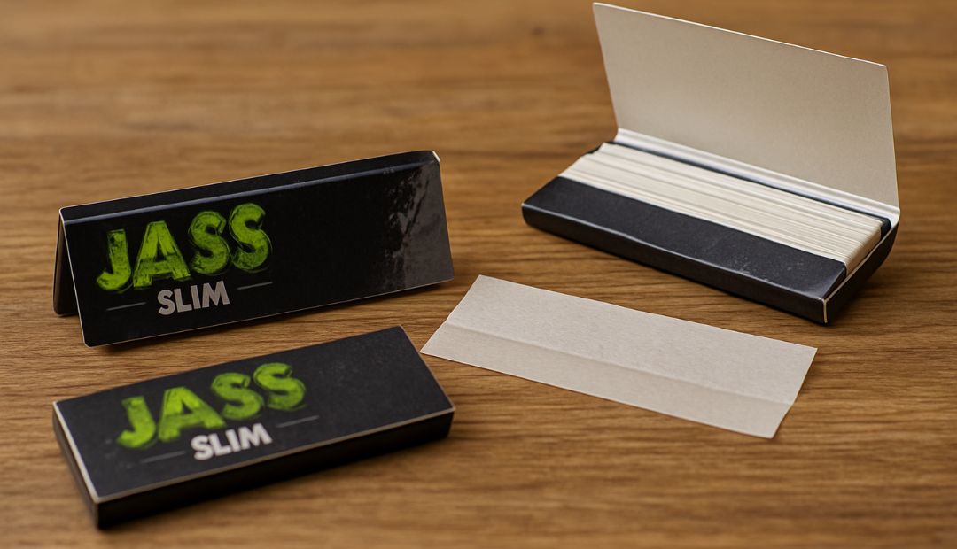 Packs de feuilles à rouler Jass Slim posés sur une table en bois, avec feuilles ouvertes et papier slim en évidence