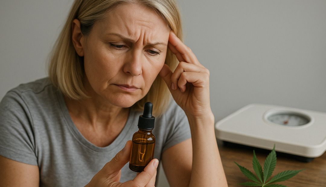 Femme pensive tenant un flacon de CBD, assise devant une balance et une feuille de cannabis – conseil Chez Baba