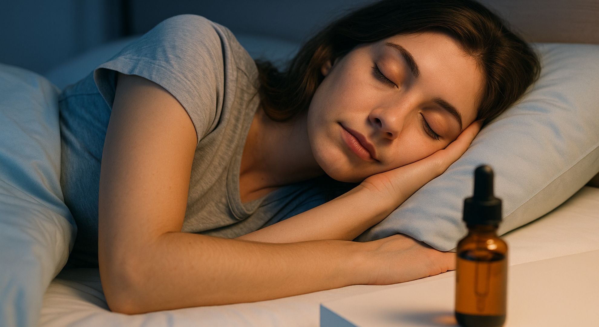 Femme dormant paisiblement sur un oreiller bleu, avec un flacon d’huile de CBD posé sur la table de nuit, illustrant les bienfaits du CBD pour améliorer le sommeil et réduire l’anxiété.
