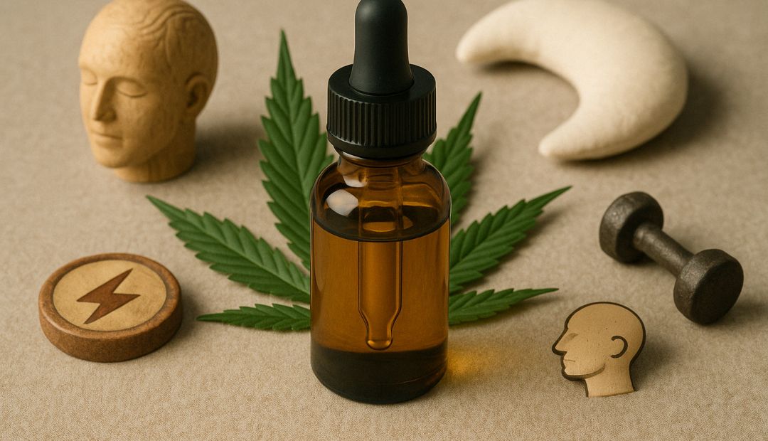 Flacon d’huile de CBD entouré d’une feuille de chanvre, d’objets symbolisant le sommeil, la douleur, la récupération physique et la concentration, sur un fond beige réaliste et chaleureux.