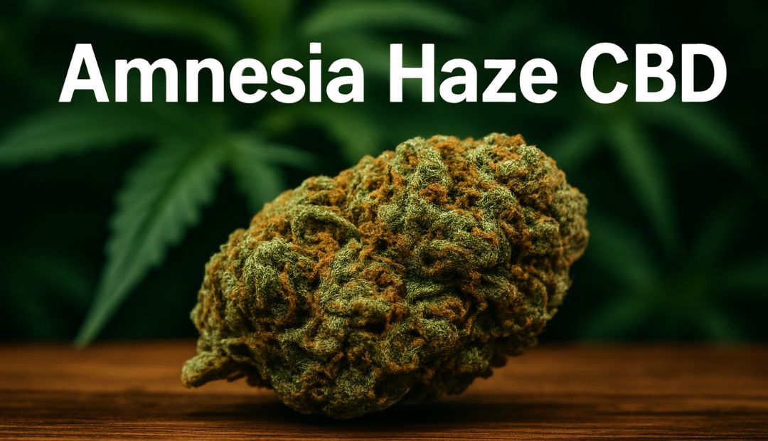 Fleur d’Amnesia Haze CBD posée sur une table en bois avec flacon d’huile de CBD en arrière-plan, sur fond vert naturel