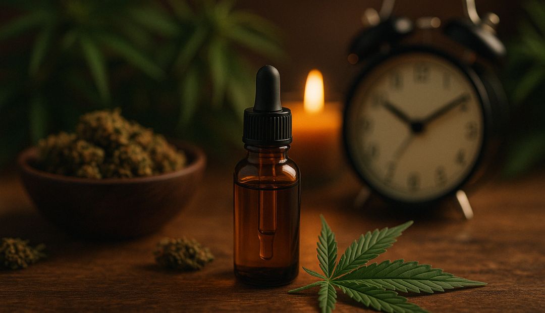 Un flacon d'huile de CBD posé sur une surface en bois, avec une feuille de cannabis et des éléments apaisants comme une bougie allumée et un réveil vintage. L'image transmet une ambiance relaxante et naturelle, évoquant les bienfaits de l'huile de CBD pour le stress, le sommeil et la récupération musculaire. Chez Baba.