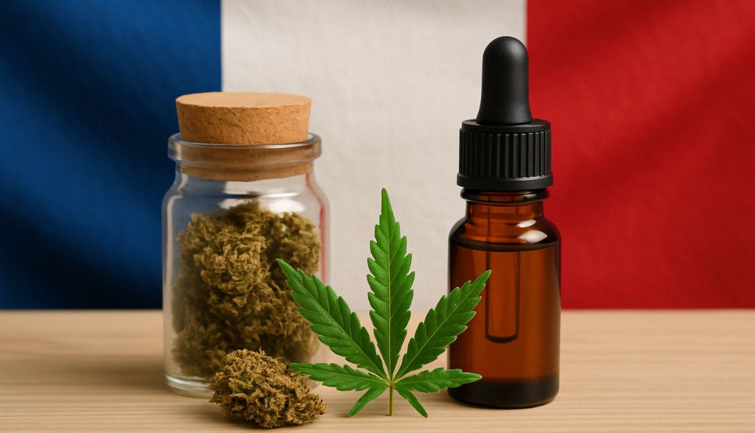 Produits à base de CBD sur fond de drapeau français, avec bocal de fleurs, huile de CBD et feuille de chanvre