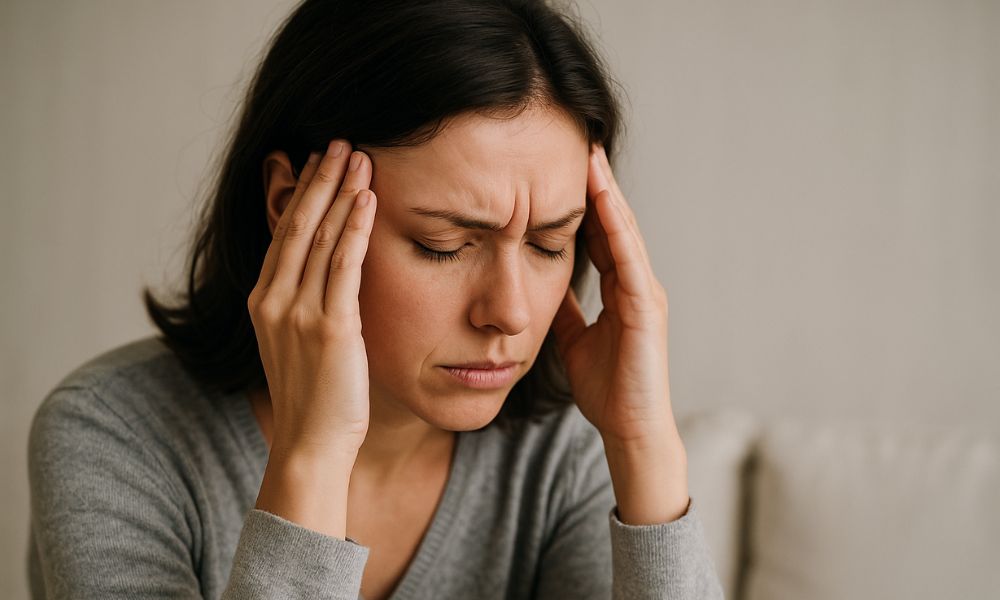 Femme stressée les yeux fermés, mains sur les tempes, illustrant les effets du stress et de l'anxiété au quotidien