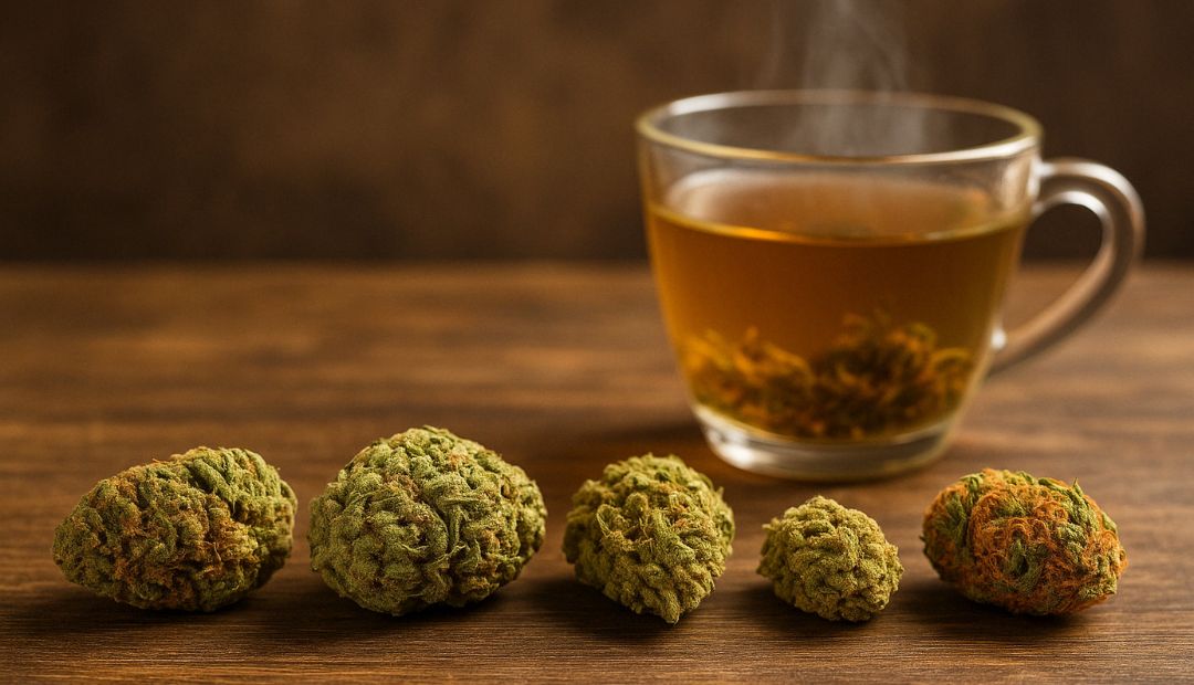 Quatre têtes de CBD alignées avec une tasse de tisane en arrière-plan – sélection d’infusion Chez Baba