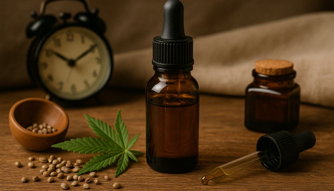 Un flacon d'huile de CBD au centre de l'image, entouré de graines de chanvre et d'une feuille de cannabis, avec des éléments naturels et une ambiance chaleureuse. L'arrière-plan présente un réveil vintage et un petit pot de stockage en verre, créant une atmosphère apaisante. Chez Baba.