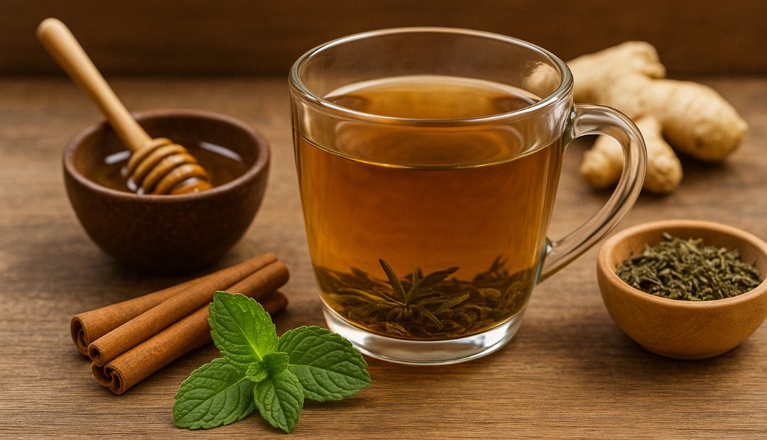 Infusion de CBD accompagnée de miel, menthe, gingembre, et cannelle – recettes maison Chez Baba