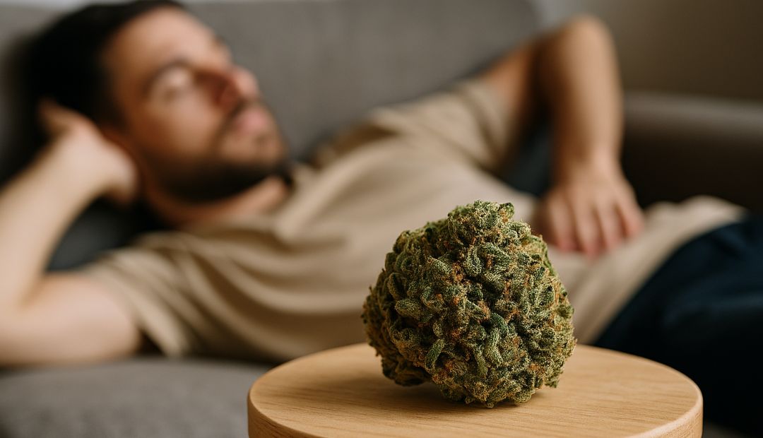 Bud de CBD Amnesia Haze posé sur une table en bois, avec un homme détendu allongé sur un canapé en arrière-plan