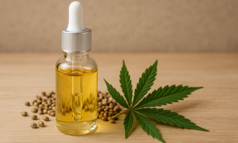 Flacon d’huile de CBD sur fond naturel avec feuille de chanvre et graines, illustrant ses effets apaisants contre le stress et l’anxiété
