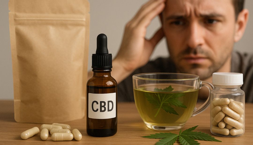 Produits CBD sur une table avec un homme préoccupé en arrière-plan : flacon, infusion et gélules – à découvrir chez Baba