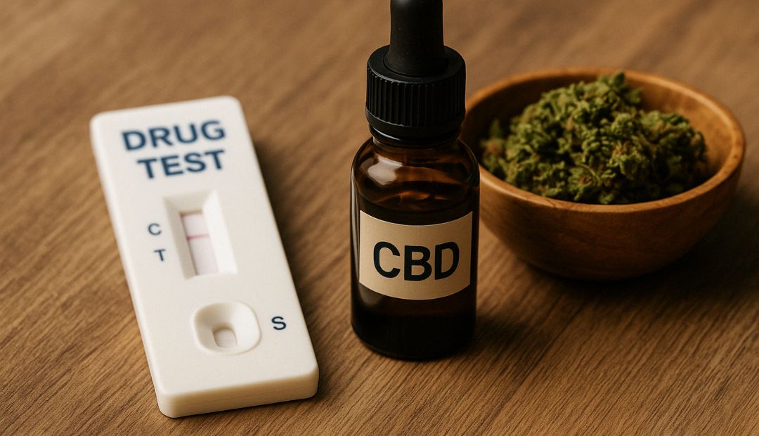 Flacon de CBD, test de dépistage et pot de fleurs de CBD sur une table en bois