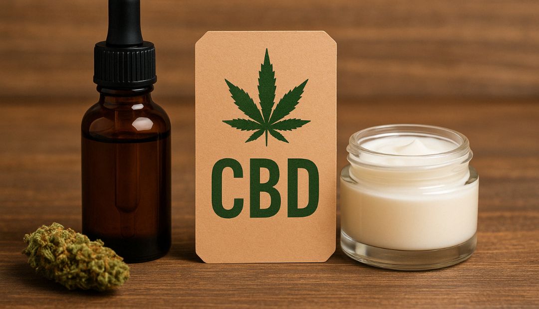 Flacon d’huile de CBD, pot de crème cosmétique au CBD et fleur de chanvre sur fond en bois