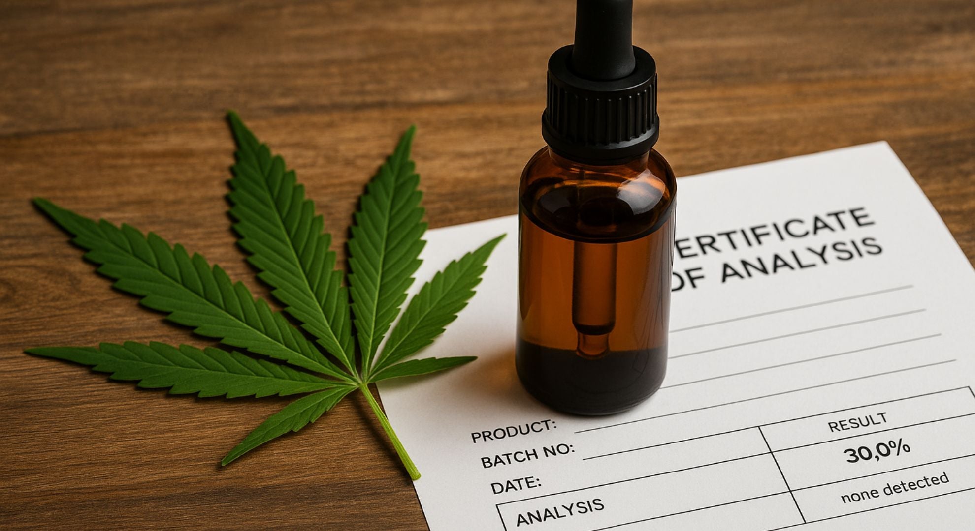 Huile de CBD européenne avec certificat d’analyse et feuille de chanvre sur fond en bois naturel