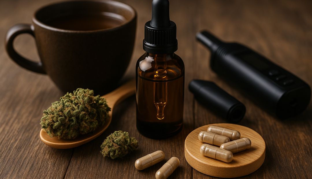 Méthodes de consommation de l’Amnésia Haze CBD avec huile, infusion, fleurs et gélules sur fond en bois naturel