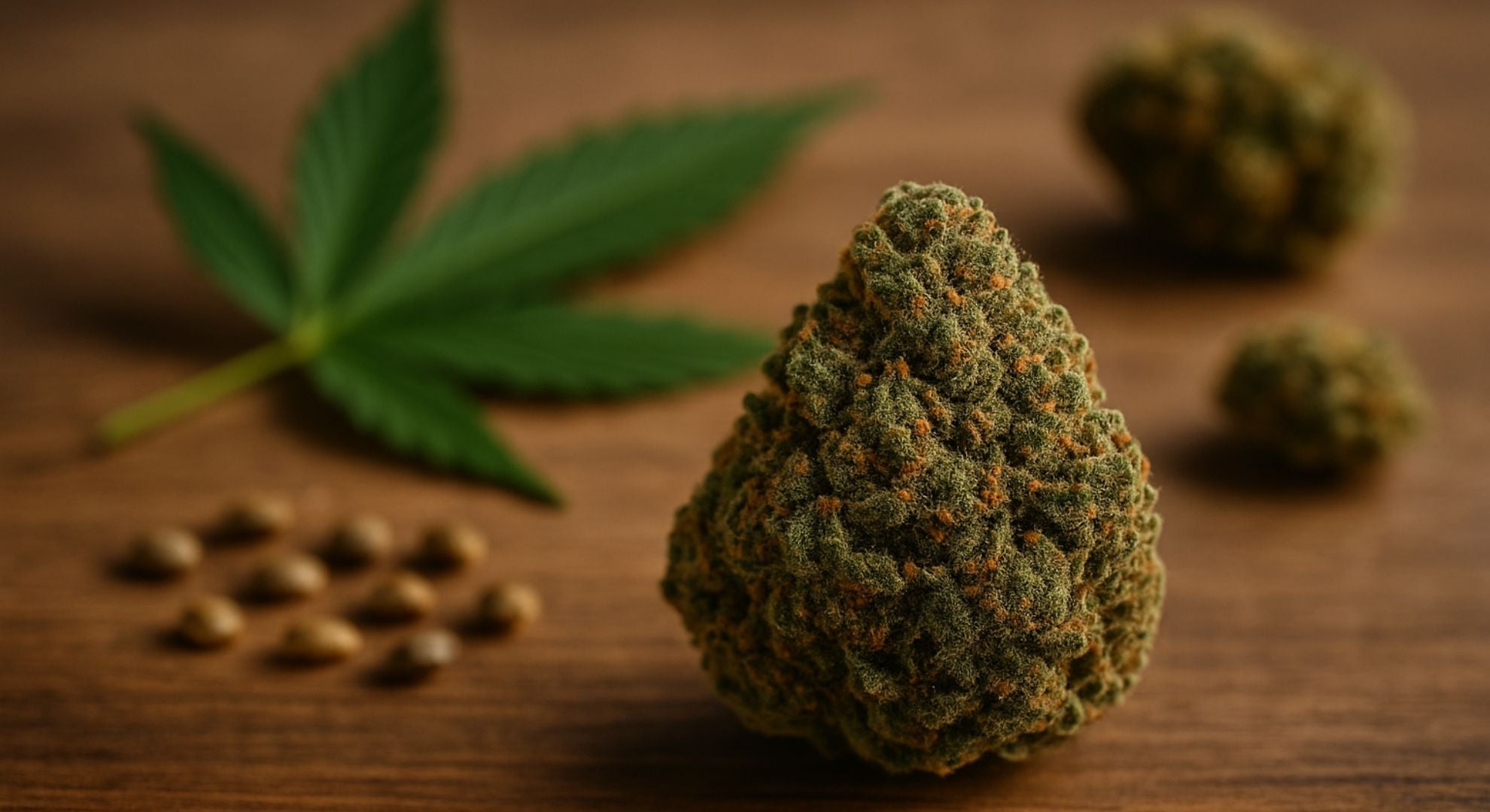 Grosse tête de cannabis avec trichomes visibles, feuille de chanvre et graines sur fond en bois naturel