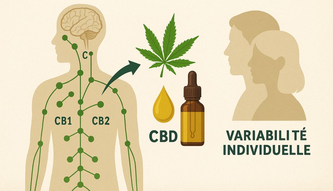 Schéma du système endocannabinoïde avec les récepteurs CB1 et CB2, CBD et variabilité individuelle – explication signée Chez Baba