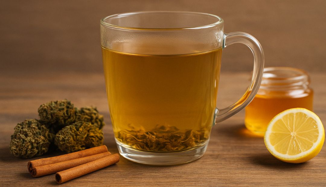 Présentation soignée d’une tisane au CBD avec fleurs et feuille de chanvre – visuel premium Chez Baba