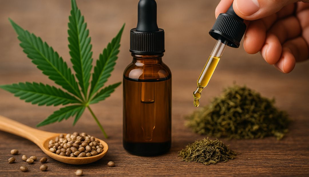Huile de CBD pressée à froid avec feuille de chanvre et graines de chanvre sur une table en bois, éclairage naturel