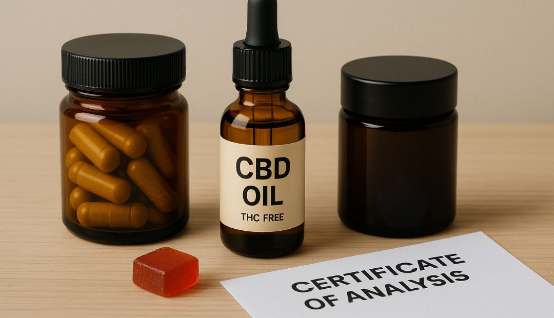 Flacon de CBD full spectrum avec mention THC < 0,3%, accompagné d’autres huiles et d’une feuille de chanvre