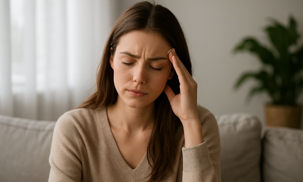 Femme apaisée après l’utilisation de CBD pour soulager le stress et l’anxiété, assise dans un intérieur calme et lumineux