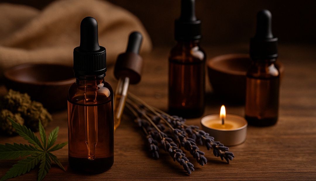Trois bouteilles d'huile de CBD sur une surface en bois rustique, entourées de feuilles de cannabis, de brins de lavande et d'une bougie allumée créant une ambiance apaisante et naturelle, représentant les huiles CBD pour relaxation, sommeil et récupération musculaire, Chez Baba.