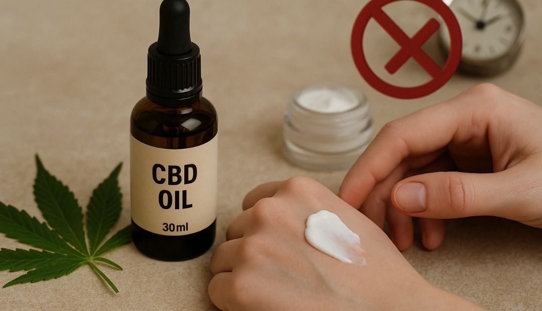Photo réaliste d’un flacon d’huile de CBD avec une feuille de chanvre, une crème appliquée sur la main et un symbole d’erreur en arrière-plan, illustrant les erreurs à éviter avec le CBD.