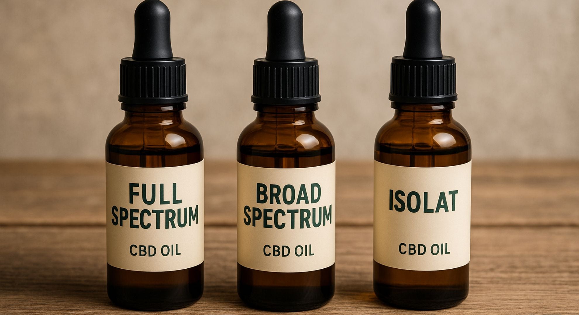 Bouteilles d’huiles de CBD full spectrum, broad spectrum et isolat alignées sur fond en bois naturel