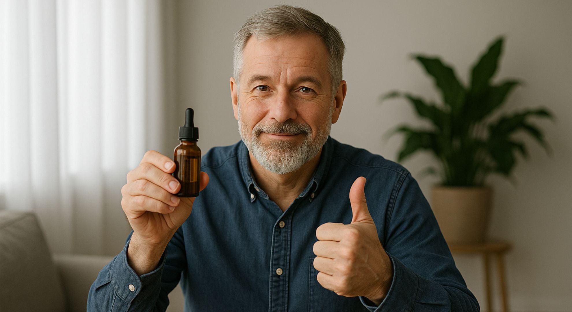Homme souriant présentant une bouteille d’huile de CBD avec un geste approbateur, dans un intérieur chaleureux et naturel