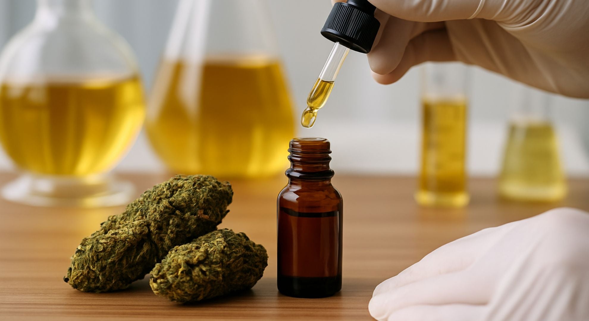 Buds de cannabis posés sur une table en bois à côté d’un flacon d’extraction et d’un dropper manipulé en laboratoire, illustrant la fabrication du HHC à partir de fleurs de chanvre.